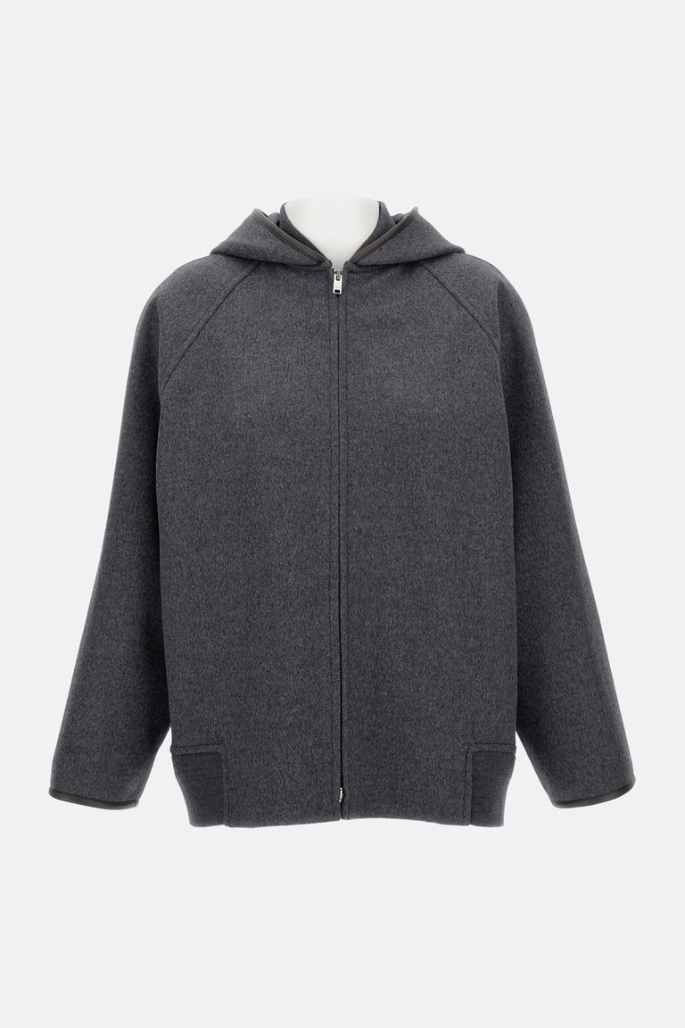 Bottega Veneta Women Double Face Wool Hooded Blouson With Leather Piping In Gray