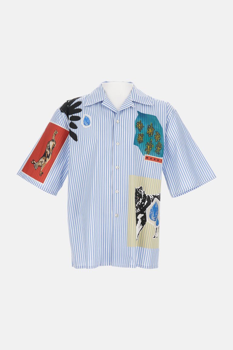 Marni Striped Short Sleeve Shirt With Graphic Patches In Blue