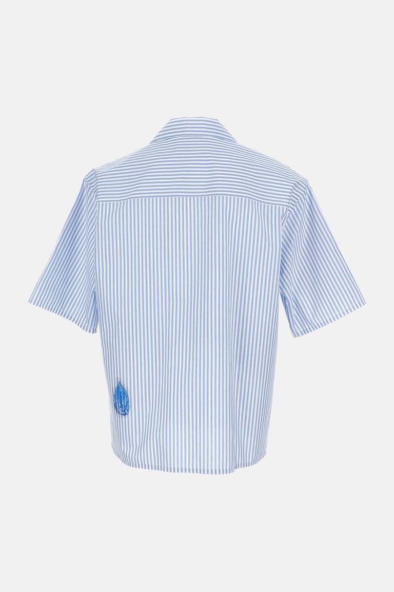 Marni Striped Short Sleeve Shirt With Graphic Patches In Blue