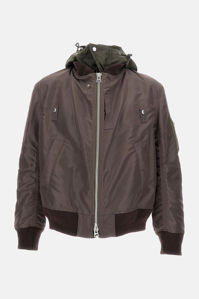 Sacai Hooded Zip-front Bomber Jacket In Brown